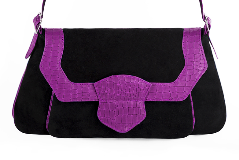Dress handbag in matt black and mauve purple leather - Profile view